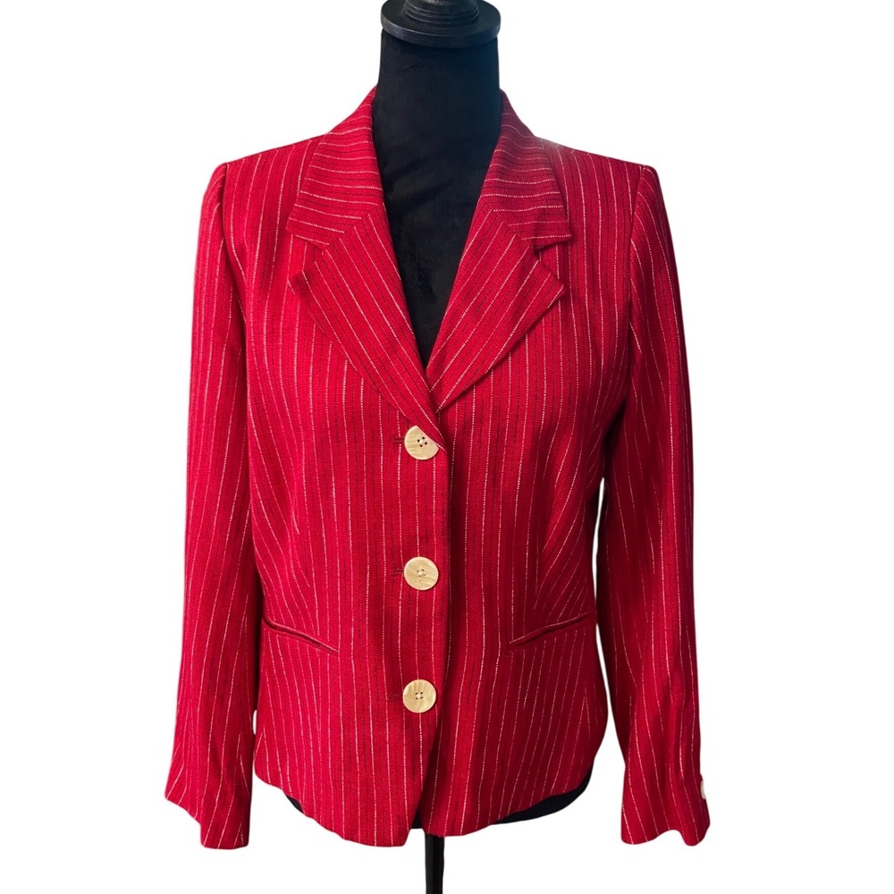 Red Pinstripe Blazer Women's 8 Career Euro Jacket Linen 3 Button Front VINTAGE